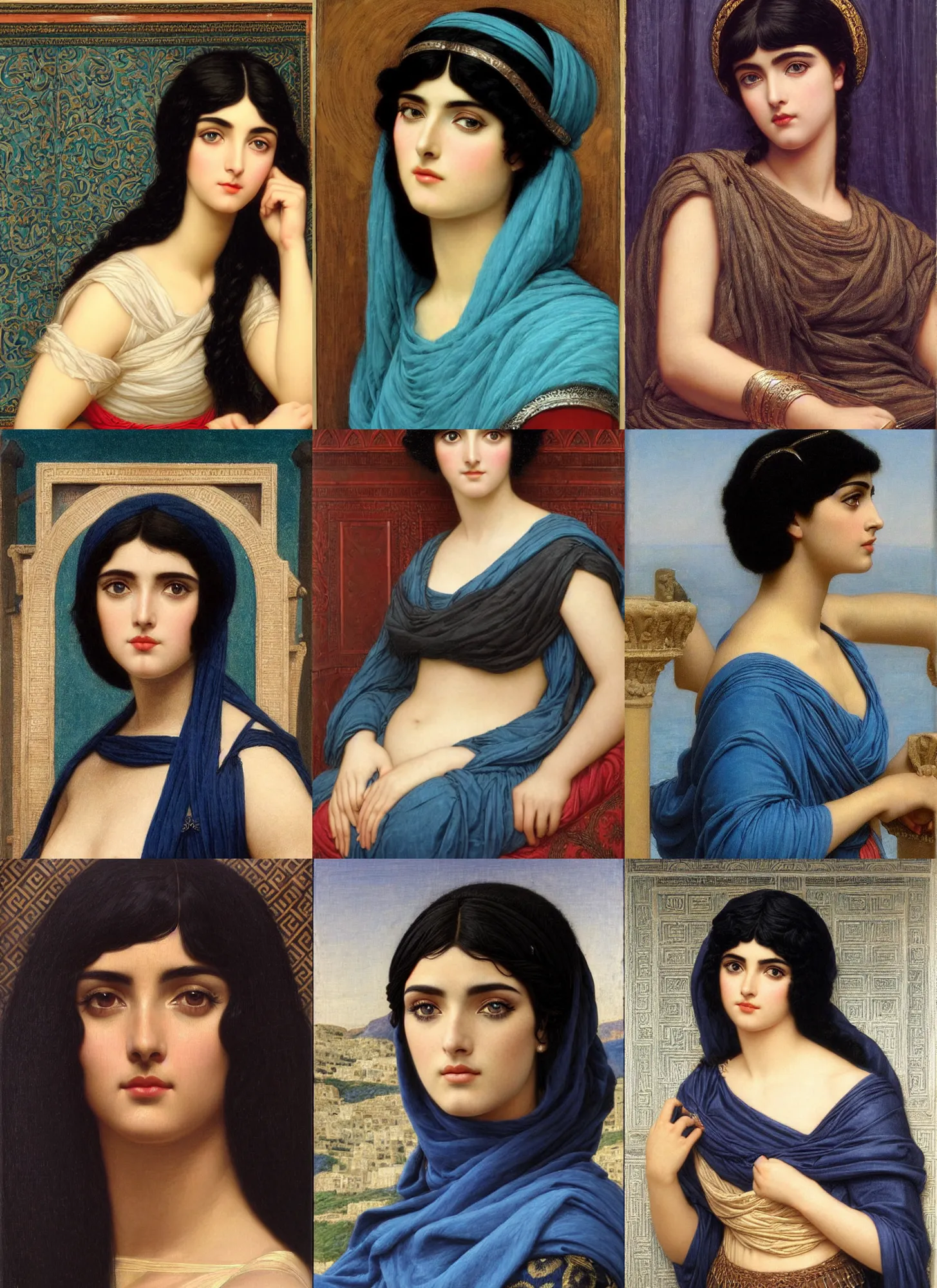 Prompt: a greek ameera al taweel blue eyes straight black hair beautiful by john william godward