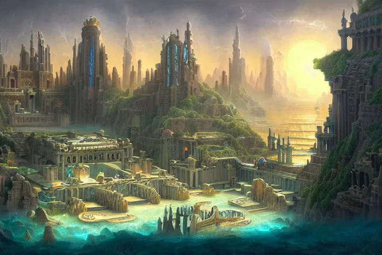 Prompt: a beautiful complex insanely detailed matte painting of the magical city of Atlantis by Heironymous Bosch and Tyler Edlin