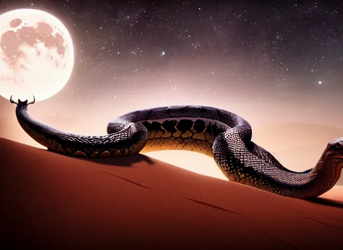 Image similar to giant snake on a moonlit desert, fantasy, d & d, art by artgerm and greg rutkowski, cinematic shot, intricate, ornate, photorealistic, ultra detailed, trending artstaition, realistic, 1 0 0 mm, photography, octane, high definition, depth of field, bokeh, 8 k