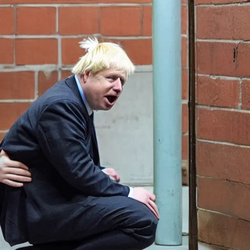 Prompt: Boris Johnson crying on his knees in a jail cell