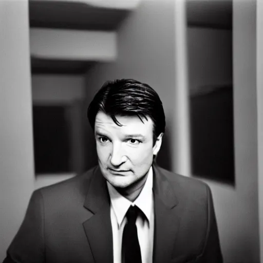 Image similar to photo of Nathan Fillion by Diane Arbus, black and white, high contrast, Rolleiflex, 55mm f/4 lens