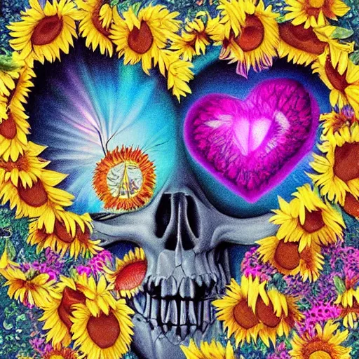 Image similar to a beautiful matte digital illustration by Larisa Novik of an anatomically correct heart bursting out of an anatomically correct skeletal rib-cage and exploding into rainbows and sunflowers, trending on artstation hq