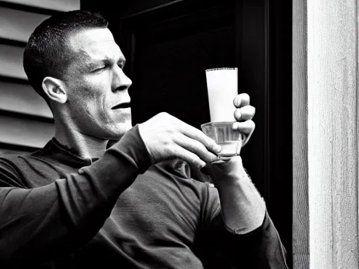 Prompt: a dramatic black and white photo of John cena drinking a glass of milk on a porch