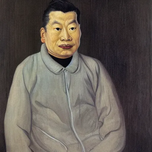 Image similar to detailed portrait of an asian american man in his 3 0 s, by lucian freud, francis bacon, grant wood