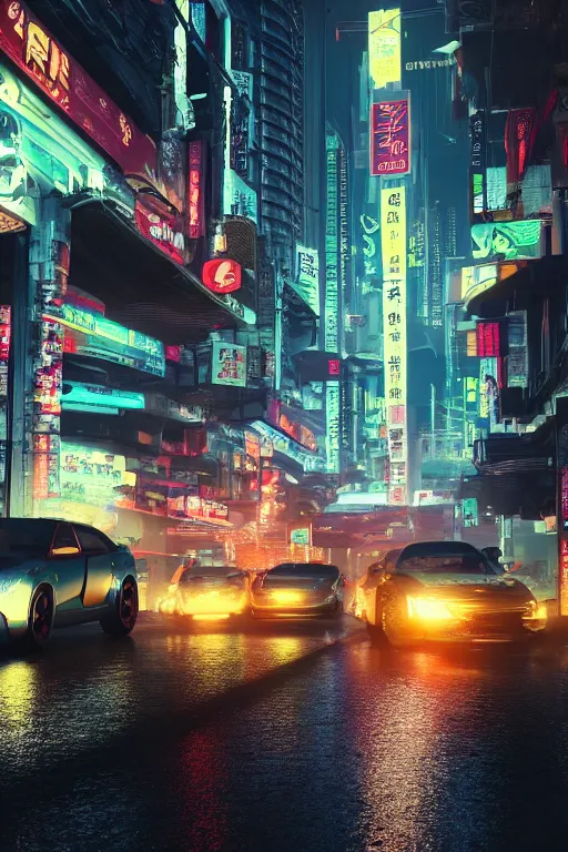 Prompt: GTR XU1 car, Futuristic Asian city at night with rain, Cyberpunk style, Neon lights, Matte painting, cinematic lighting, corona render, smoke, light rays, 8k