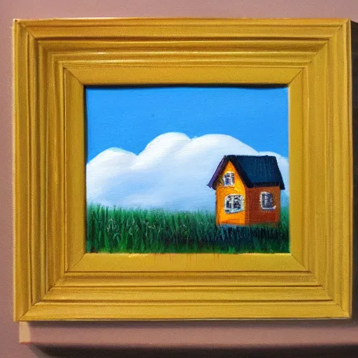 Image similar to a painting of a little house in the clouds