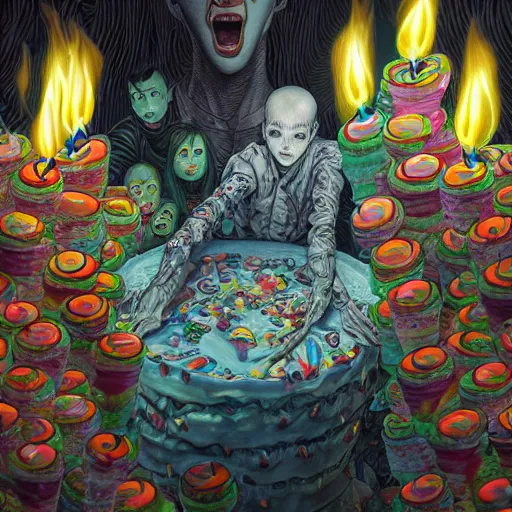 Image similar to epic view of a giant birthday cake with lit candles by junji ito and james jean and esao andrews, cake, candles, 4 k, hyperdetailed, hyperrealistic, trending on artstation, pencil art on paper, horror, dramatic lighting