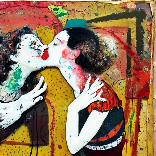 Prompt: two women kissing at a carnival, mixed media collage, vintage, paper collage, magazine collage, acrylic paint splatters, bauhaus, claymation, layered paper art, sapphic visual poetry expressing the utmost of desire by jackson pollock