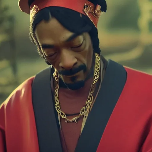 Image similar to cinematic film still of Snoop Dogg starring as a Samurai holding fire, Japanese CGI, VFX, 2022, 40mm lens, shallow depth of field, film photography