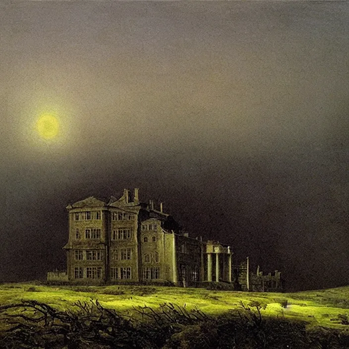 Image similar to painting of a mansion on the moorland by caspar david friedrich, at night, eerie, supernatural