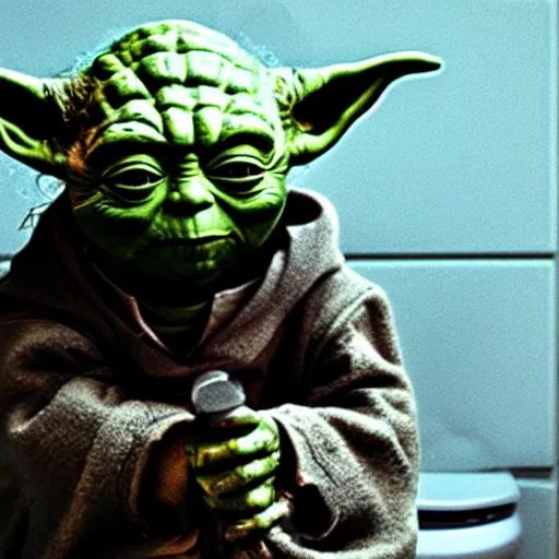 Image similar to yoda sitting on toilet