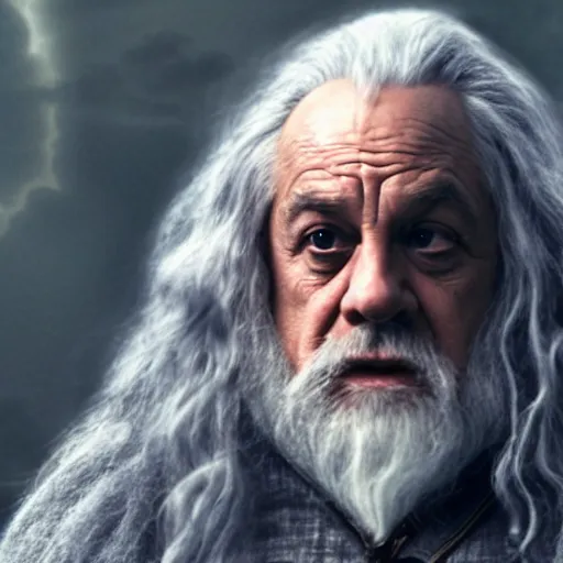 Image similar to Danny Devito as Gandalf the Grey, film still from Lord of the Rings movie, detailed, 4k