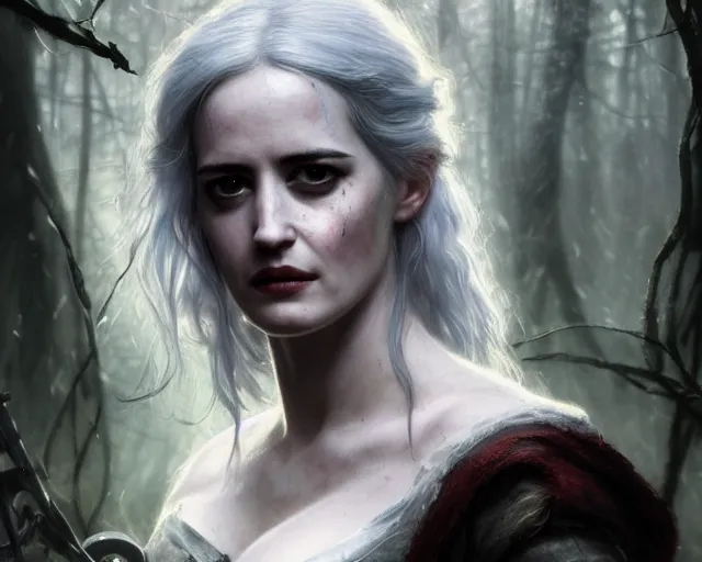 Prompt: 5 5 mm portrait photo of a real life tough looking eva green as ciri with a large scar along her left cheek, in a magical forest. dark atmosphere. art by greg rutkowski. highly detailed 8 k. intricate. lifelike. soft light. nikon d 8 5 0.