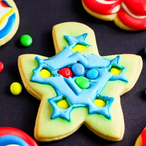 Image similar to close view of a 5 pointed star shaped m & m cookie, warm dim light