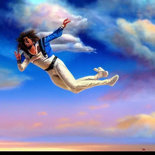 Image similar to egyptian man with long curly hair skydiving, dreamy clouds, pastel tones, by jose miguel roman frances