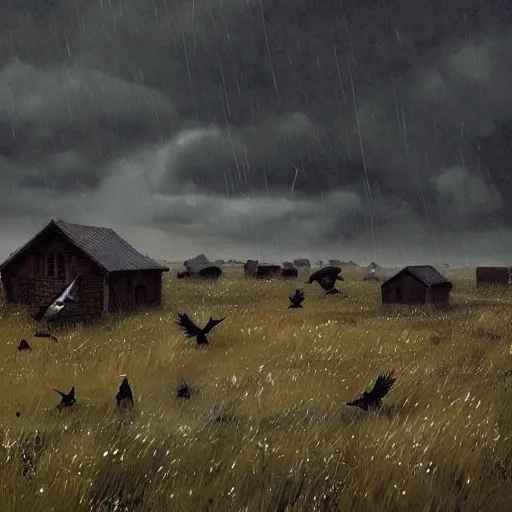 Prompt: A field full of crows, thousands of crows, a wooden house nearby on the left, stormy weather, dark sky, art by greg rutkowski, trending on artstation.