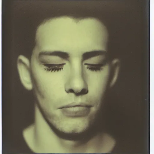 Image similar to a professional polaroid portrait photo of a man with an asymmetrical face with his eyes closed, dreaming. the man has black hair, light freckled skin and a look of panic on his face. extremely high fidelity. key light.