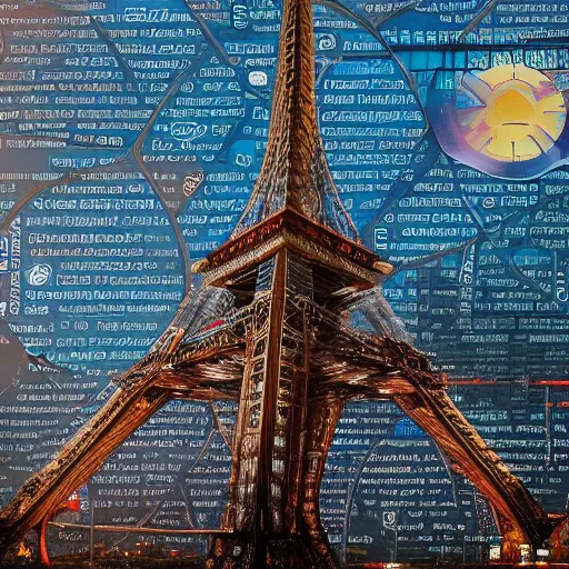 Prompt: A beautiful intricate 8K award-winning cinematic movie photograph of the future Eiffel Tower completely wrapped in corporate logos in the year 2043, by Bruno Delbonnel