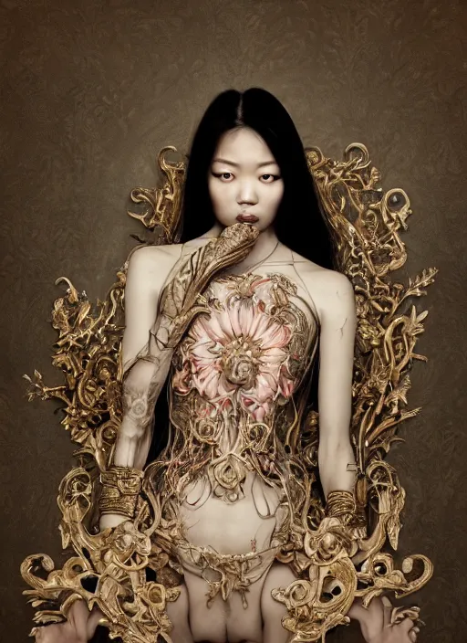 Image similar to a portrait of asian female by stefan geselle and nekro borja, photorealistic, intricate details, hyper realistic, fantasy, elegant, baroque, photorealistic, canon r 3, photography, wide shot, symmetrical features, symmetrical pose, wide angle shot, head to toe, standing pose, feet on the ground, wearable art