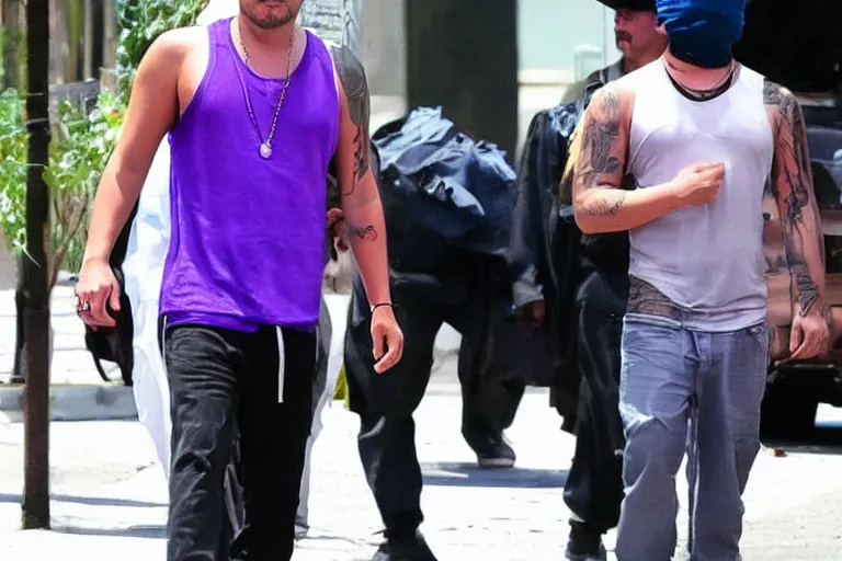 Image similar to medium full shot of leonardo dicaprio as a gang member wearing a purple head covering made from a polyester or nylon material and a stained white tank top caught sliding on a opp, arms covered in gang tattoo, paparazzi, leaked footage, uncomfortable, bad quality