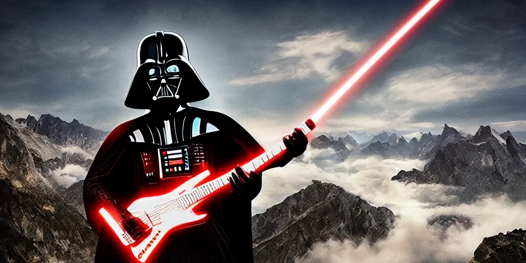 Image similar to Darth Vader playing electric guitar on top of mountain, epic landscape