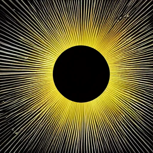 Prompt: minimalist stylisation of a sun in a black sky, black background, golden rays