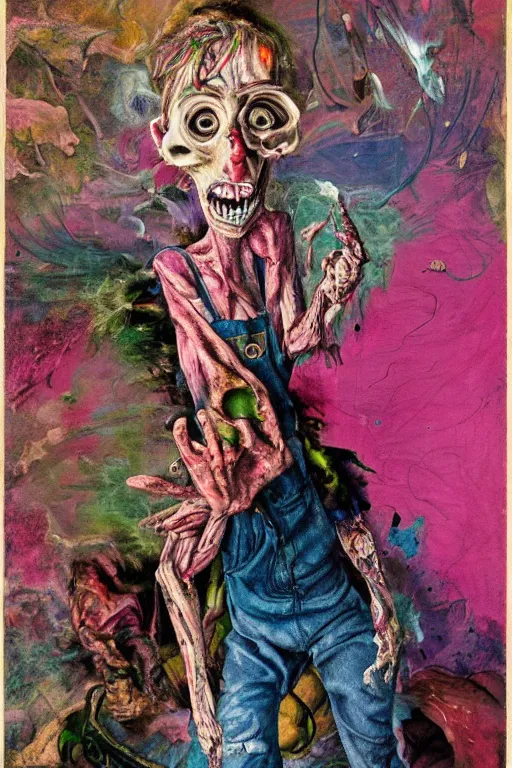 Prompt: an insane, skinny artist wearing torn overalls, expressively, physically fighting with a ghost inside a grand studio, depth of field, gothic, rich deep pink, blue and green colours, creepy, mystical, highly detailed and intricate, painted by francis bacon, and todd schorr. 8 k masterpiece