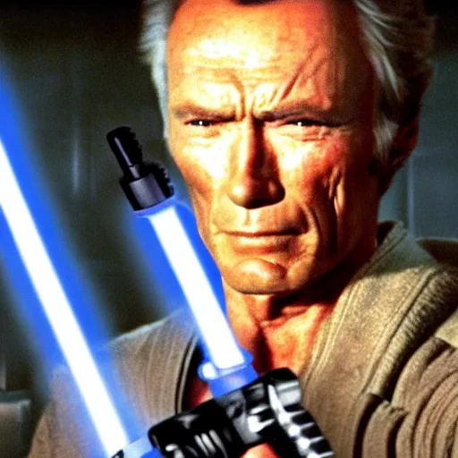 Image similar to clint eastwood holding blue lightsaber in star wars episode 3, 8k resolution, full HD, cinematic lighting, award winning, anatomically correct