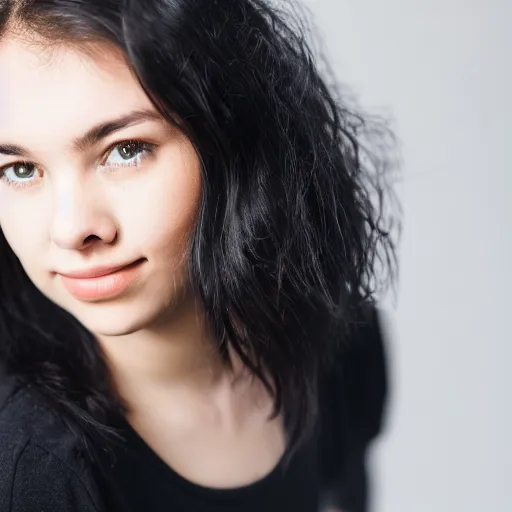 Image similar to young woman with shoulder - length messy black hair, slightly smiling, 1 3 5 mm nikon portrait