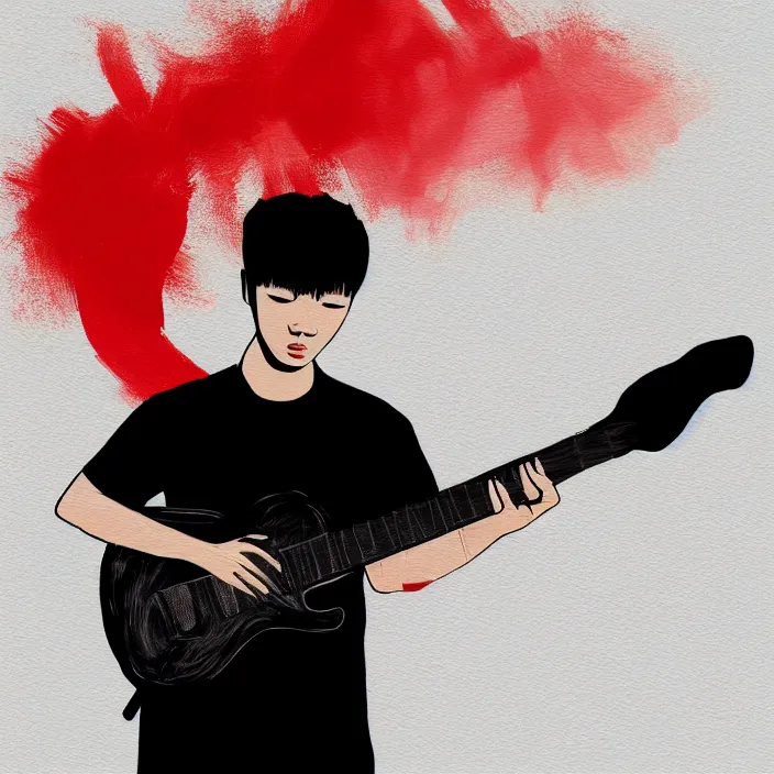 Image similar to minimal painting of a young korean man wearing black t shirt holding an electric guitar!!, dark background, huge brush strokes, dramatic smoke everywhere, matte colors, dramatic brush strokes, abstract, trending on artstation