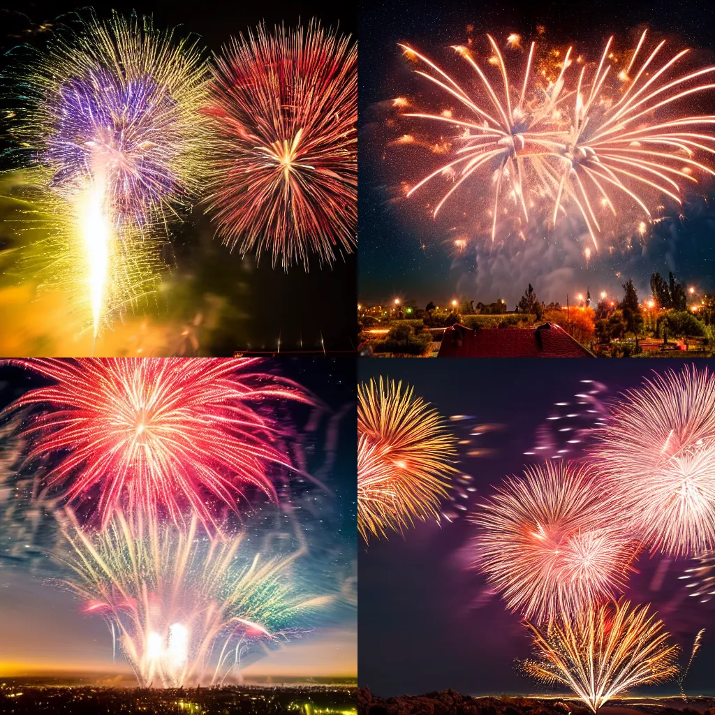 Prompt: Fireworks exploding in the night sky, 4k photography high quality