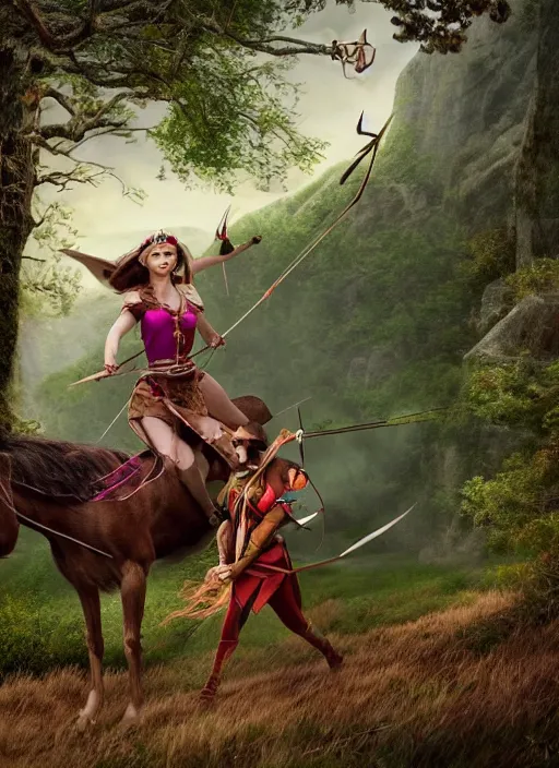 Prompt: an elf with a bow and arrow in her hand rides a horse through the woods. towards a village that is set in a cliff. mystical style