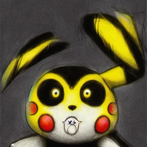 Image similar to a photorealistic pikachu by tim burton. Gothic. Portrait. Detailed.