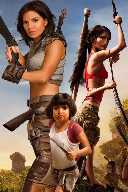 Prompt: Isabela Merced as Dora the Explorer vs Angelina Jolie as Lara Croft, movie concept art, film by Michael Bay