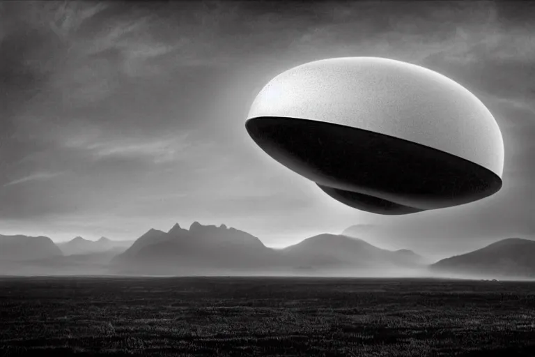 Image similar to alien space ship invading earth in the style of ansel adams, black and white, old, master photography by ansel adams