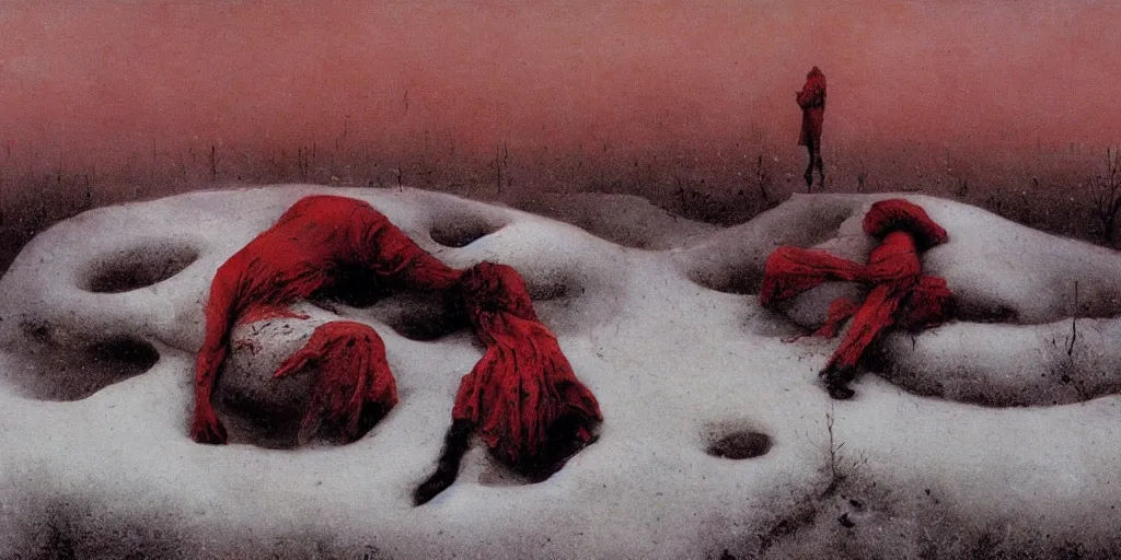 Image similar to a surrealist painting of a lonely woman with white skin and red hair standing over pile of bodies in post apocalyptic snowy landscape, painted by beksinski