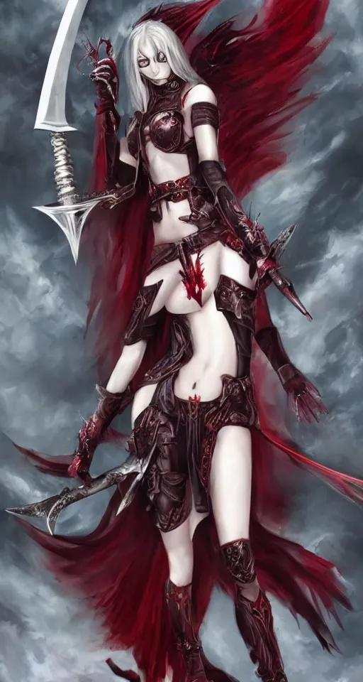 Image similar to female vampire knight, barefoot, full body armor, plate armor, carnival mask, giant two - handed sword dripping blood, crimson colored wings, grinning, barefeet, fantasy art.