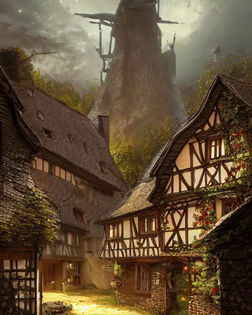 Prompt: callenberg village germany twelth century saxon village 1 1 8 0, by peter mohrbacher and dan mumford and nekro, cgsociety, volumetric light, 3 d render