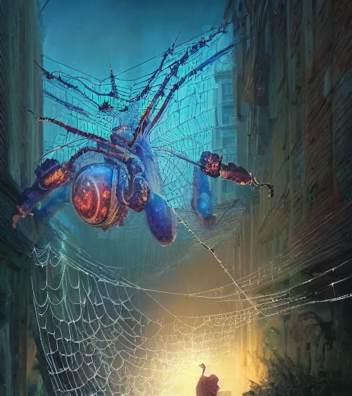 Image similar to highly detailed graffiti of spiderweb, stephen bliss, unreal engine, fantasy art by greg rutkowski, loish, rhads, ferdinand knab, makoto shinkai and lois van baarle, ilya kuvshinov, rossdraws, tom bagshaw, reflective global illumination, god rays, detailed and intricate environment