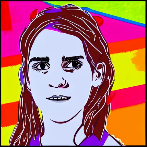 Prompt: rainbow emma watson age 1 3 as hermione. pop art.