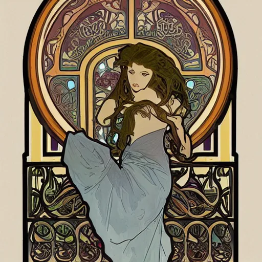 Image similar to a house int the style of alphonse mucha