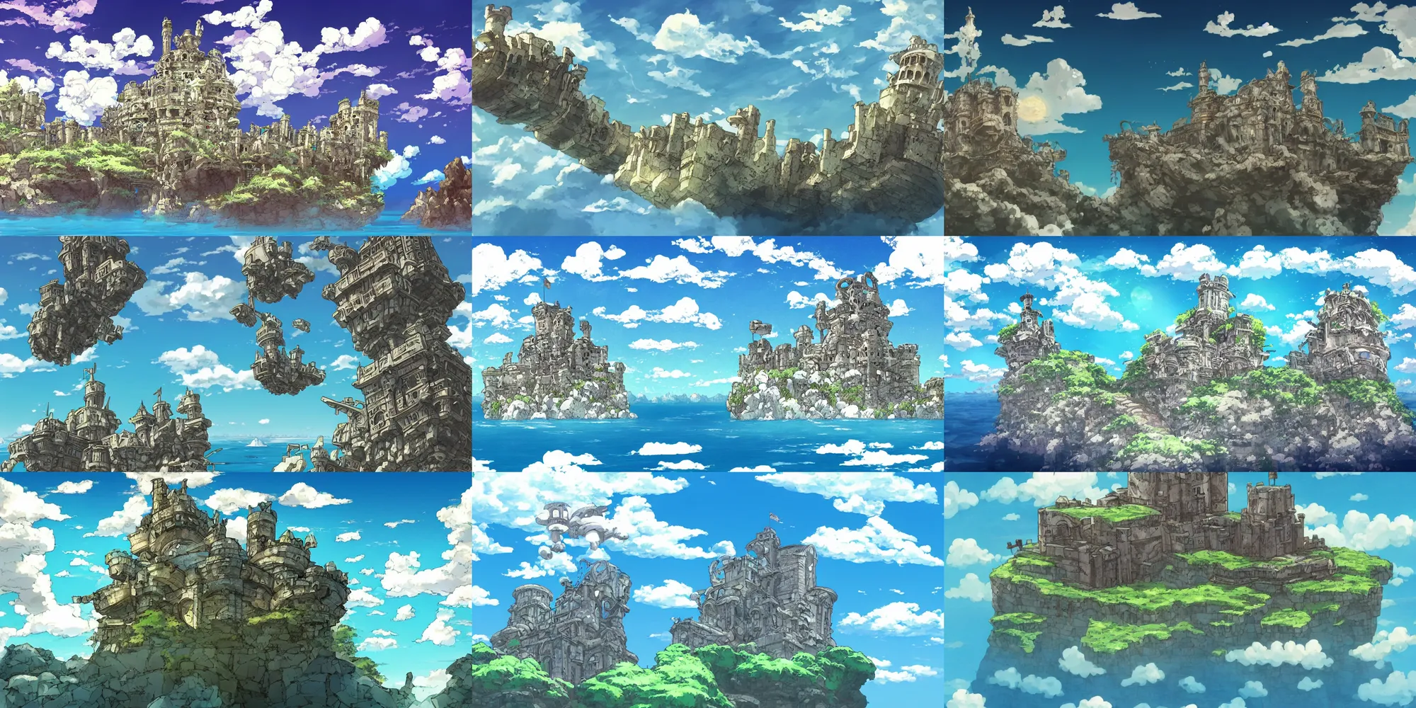 Prompt: floating marble island in the sky with a destroyed ancient steampunk castle on it, laputa, studio ghibli, anime style, azure blue sky