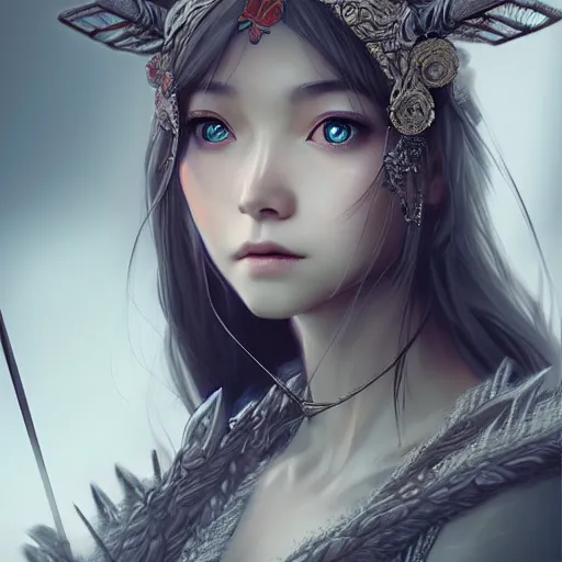 Image similar to beautiful extremely detailed intricate concept art depicting an archer by wlop. semi - realism. anime face. shining jewelry. grey atmosphere. particles in the background. bcy. net