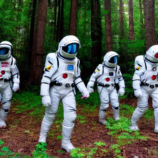 Prompt: a squad of space scouts wearing camo uniforms with white armor and helmets exploring a forest planet