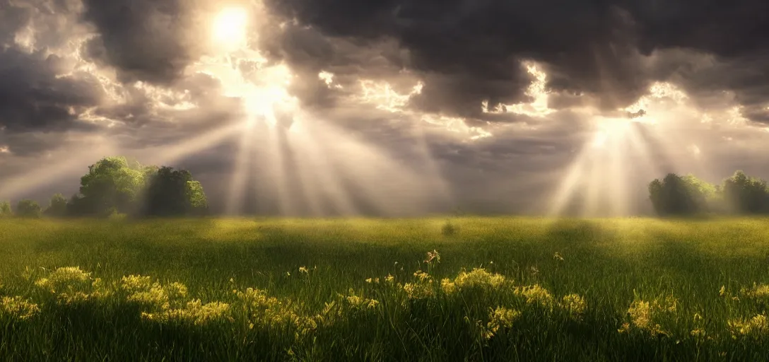 Image similar to a beautiful picture of a turbulent cloud over an idyllic meadow, bright god rays breaking through, intricate detail, sunset, serene, hazy, volumetric lighting, volumetric clouds, 8 k, hyperrealistic, digital art trending on artstation