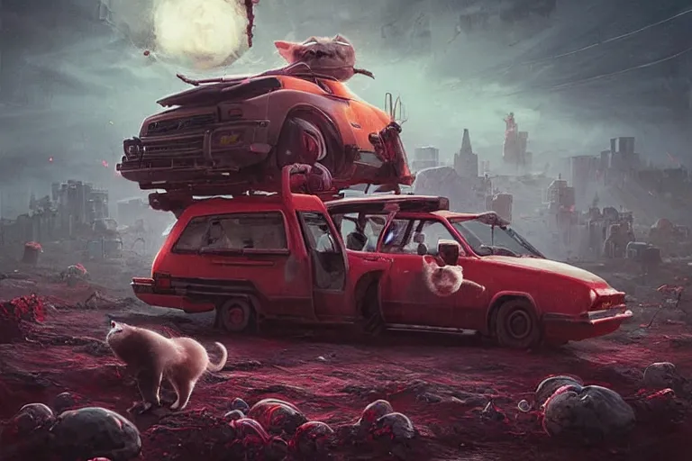 Image similar to cats defending themselves from horde of zombies on a red minivan, sci fi, art by mike winkelmann, trending on cgsociety, retrofuturism, darksynth, sci - fi