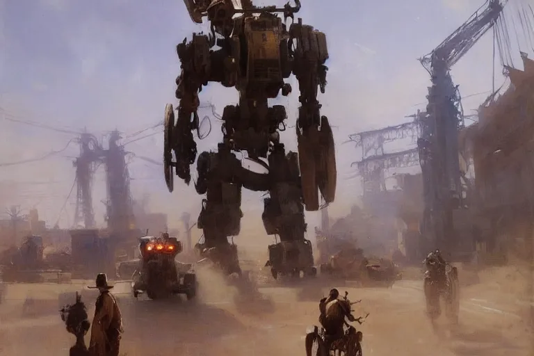 Prompt: oil painting of massive tall robot transport strider in dusty wild west street, art by anders zorn, wonderful masterpiece by greg rutkowski, beautiful cinematic light, american romanticism by greg manchess, jessica rossier