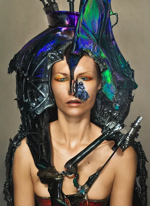 Image similar to a woman with iridescent skin, pirate weapons, by van herpen, iris