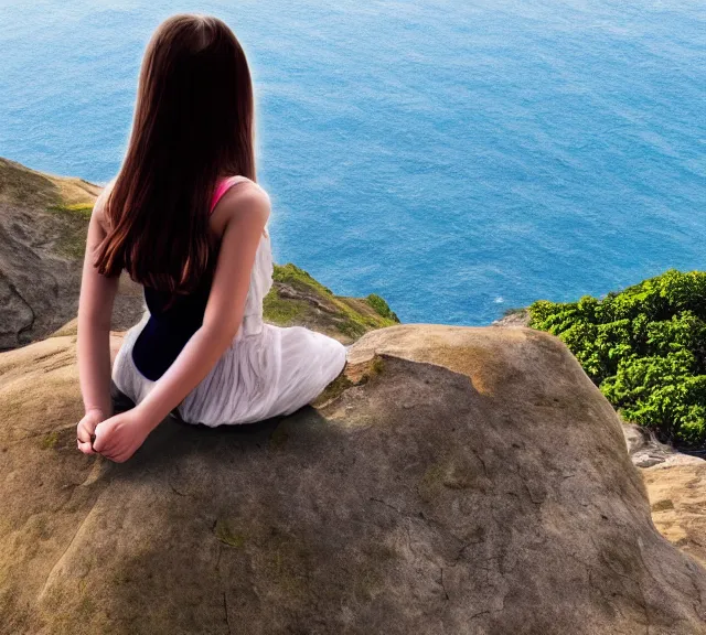 Image similar to a 4 k photorealistic photo of a girl sitting on a cliff overlooking a beach