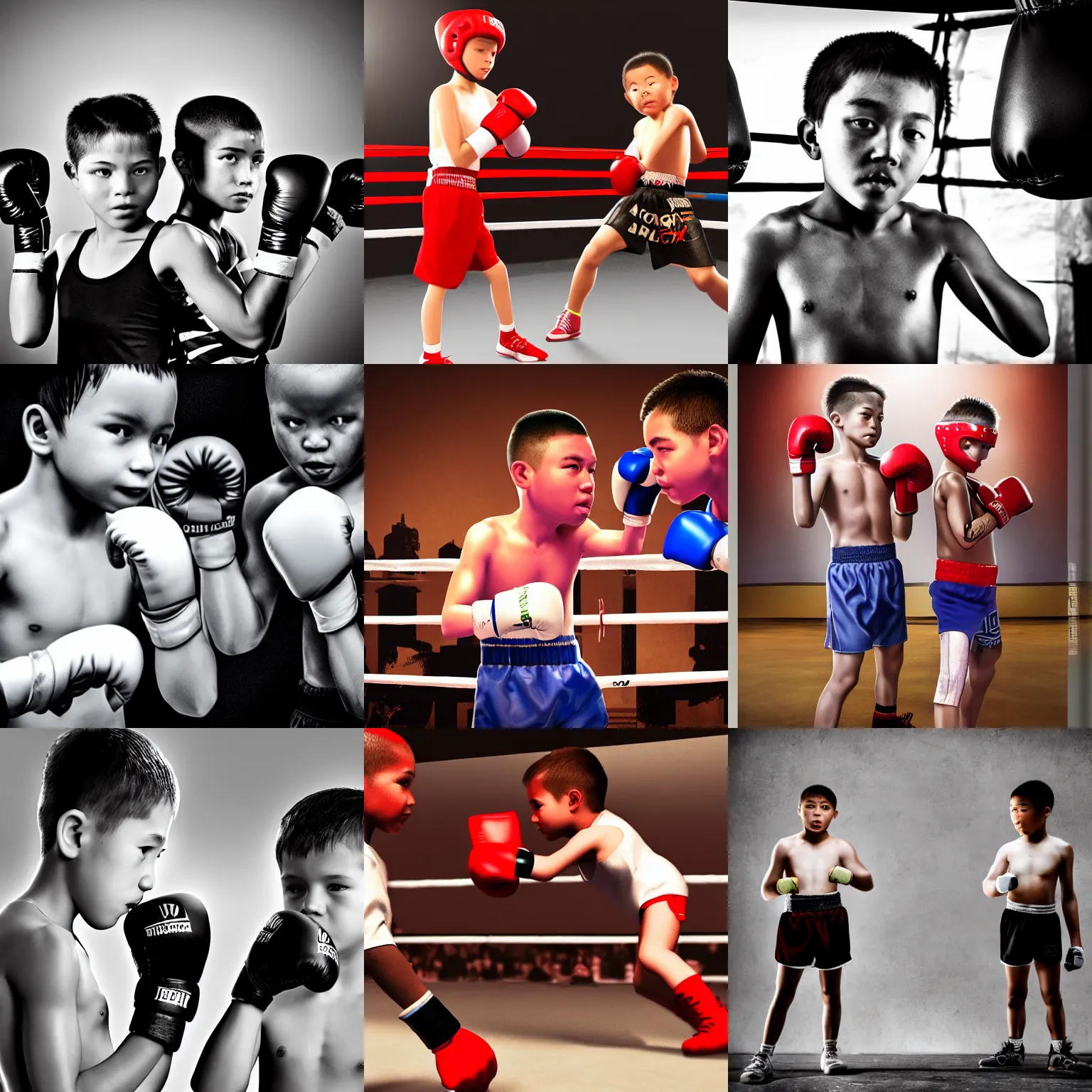 Prompt: boxing kids, high detail two faces, high details, high modernization, cinematic, dynamic lighting, ultra mega super hyper realistic